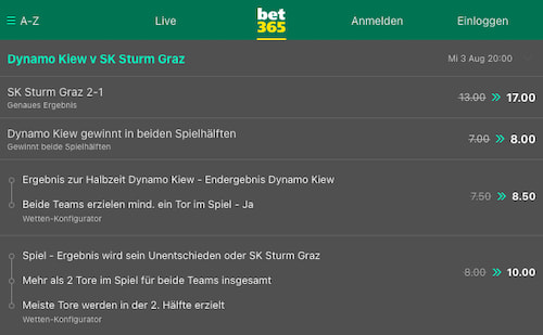 Top-Quote für Dynamo Kiew gegen Sturm Graz mit Bet365 Quotenboost