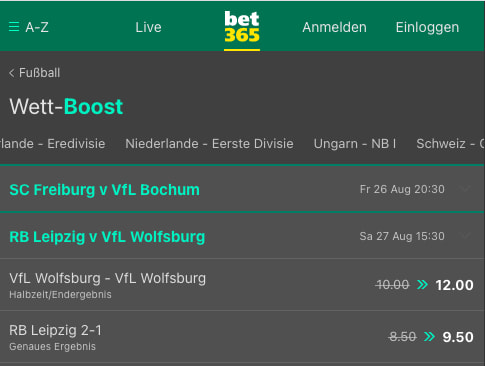 Top-Quote für RB Leipzig - VfL Wolfsburg mit Bet365 Quotenboost