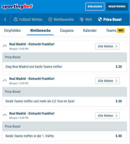 Verbesserte Quote für Real Madrid - Eintracht Frankfurt mit Sportingbet Quotenboost