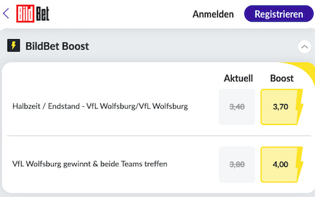 Top-Quoten für VfL Wolfsburg - 1. FC Köln mit BildBet Quotenboosts
