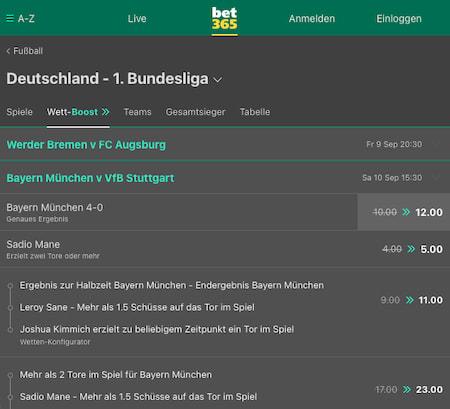 Quotenboosts für die deutsche Bundesliga bei Bet365
