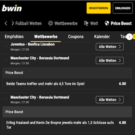 Top Quote für Manchester City gegen Borussia Dortmund mit Bwin Quotenboost