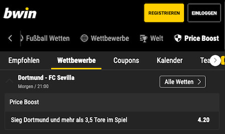 Top-Quote für Borussia Dortmund - FC Sevilla mit Bwin Price Boost