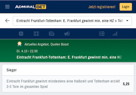 Top-Quote für Frankfurt - Tottenham mit ADMIRALBET Quotenboost