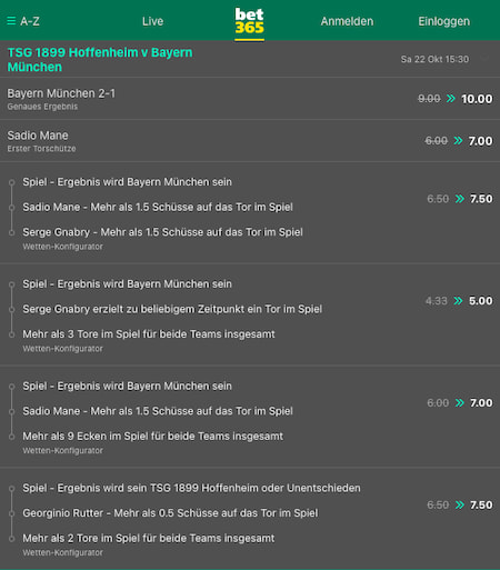 Top-Quoten für TSG Hoffenheim - Bayern München mit Bet365 Quotenboost