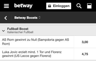 Top-Quote für Sampdoria Genua gegen AS Roma mit Betway Quotenboost