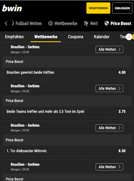 Top-Quoten für Brasilien gegen Serbien mit Bwin Quotenboosts