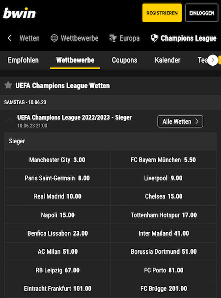 Alle Wetten & Quotenboosts zum Champions League Sieger 2022/23 bei Bwin