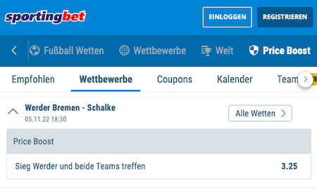 Verbesserte Wettquote für Werder Bremen - Schalke 04 mit Sportingbet Quotenboost