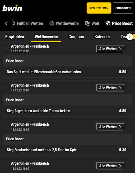 Erhöhte Wettquoten im WM-Finale Argentinien - Frankreich mit Bwin Quotenboosts