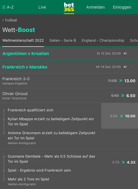 Top-Quoten für Frankreich gegen Marokko am 14.12.2022 mit Bet365 Quotenboosts