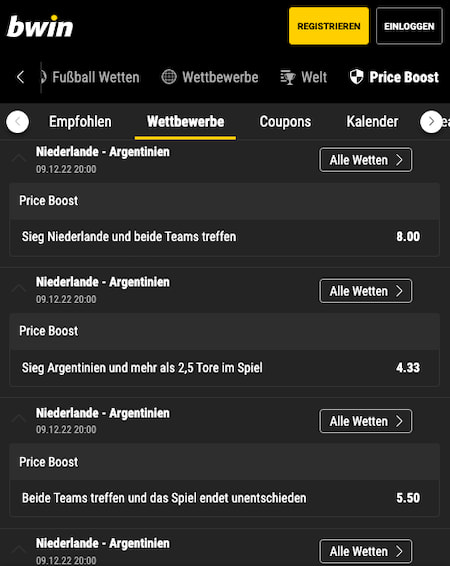 Bwin Quotenboosts für Niederlande - Argentinien im WM-Viertelfinale 2022