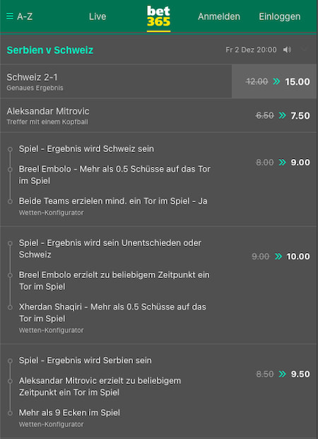 Top-Quoten für Serbien gegen Schweiz in WM Gruppe G mit Bet365 Quotenboosts