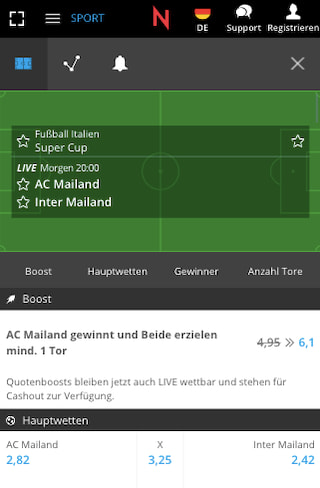 Verbesserte Quote für AC Milan - Inter Mailand mit Neobet Quotenboost