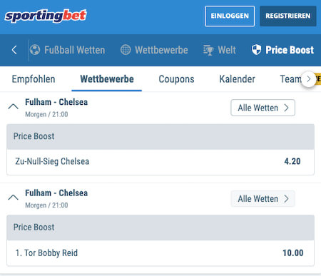 Top-Quoten für FC Fulham - Chelsea mit Sportingbet Quotenboost