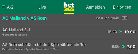 Verbesserte Wettquoten für AC Milan gegen AS Roma mit Bet365 Quotenboosts