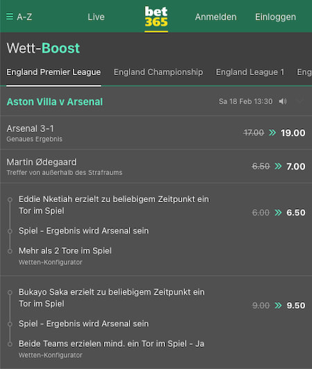 Verbesserte Wettquoten für Aston Villa - Arsenal mit Bet365 Wett-Boosts