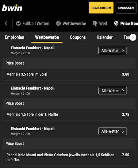 Verbesserte Wettquoten für Eintracht Frankfurt - SSC Napoli mit den Bwin Price Boosts