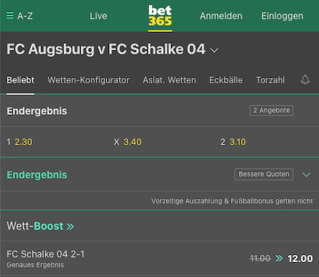 Top-Quote für FC Augsburg - Schalke 04 mit Bet365 Quotenboosts