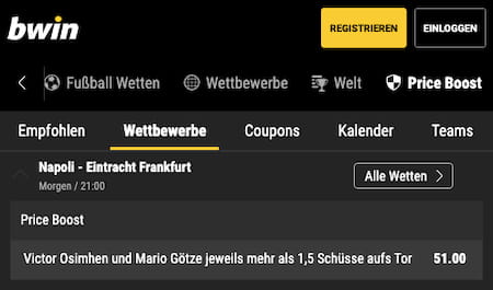 Verbesserte Wettquote für SSC Napoli - Eintracht Frankfurt mit Bwin Quotenboost für Osimhen & Götze