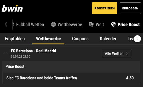 Quotenerhöhung für FC Barcelona - Real Madrid in der Copa del Rey mit Bwin Quotenboost