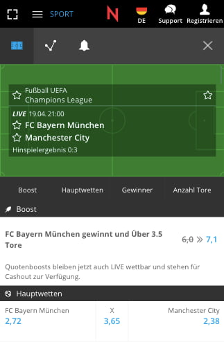 Verbesserte Wettquote für FC Bayern - Manchester City mit NEO.bet Quotenboost