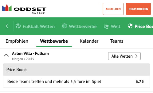 Top-Quote für Aston Villa gegen Fulham mit ODDSET Quotenboost