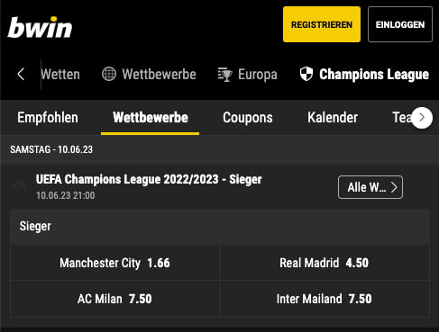 Alle Wetten & Quotenboosts zum Champions League Sieger 2022/23 bei Bwin