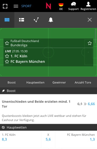 Top-Quote für 1. FC Köln - Bayern München mit NEO.bet Quotenboost