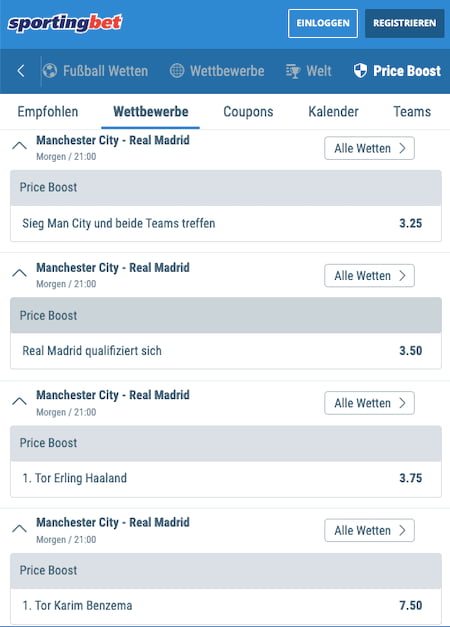 Top-Quoten für Manchester City vs. Real Madrid mit Sportingbet Quotenboost