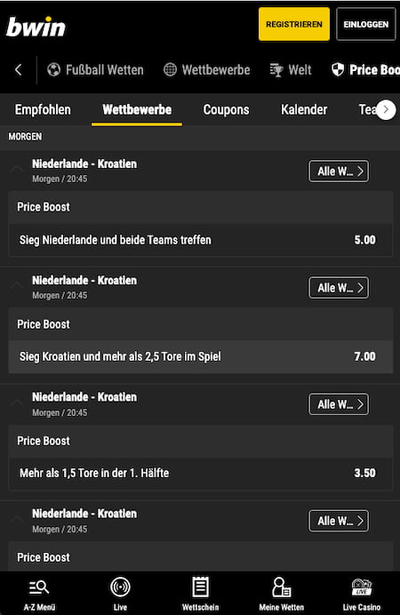 Top-Quoten für Niederlande - Kroatien am 14.6.23 mit Bwin Quotenboosts