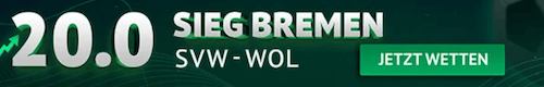 Boost auf Bremen gegen Wolfsburg mit Quote 20,00 bei ODDSET