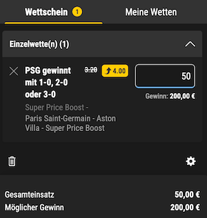 Boost auf PSG gewinnt gegen Aston Villa bei bwin