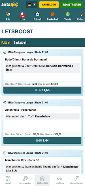 Die erhöhten Quoten von Letsbet heißen LetsBoosts